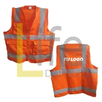 RT-CH02-NR/12 CHALECO NARANJA DE SEGURIDAD CON DOBLE CINTA REFLECTIVA CON LOGO POSTERIOR X 12 UNID